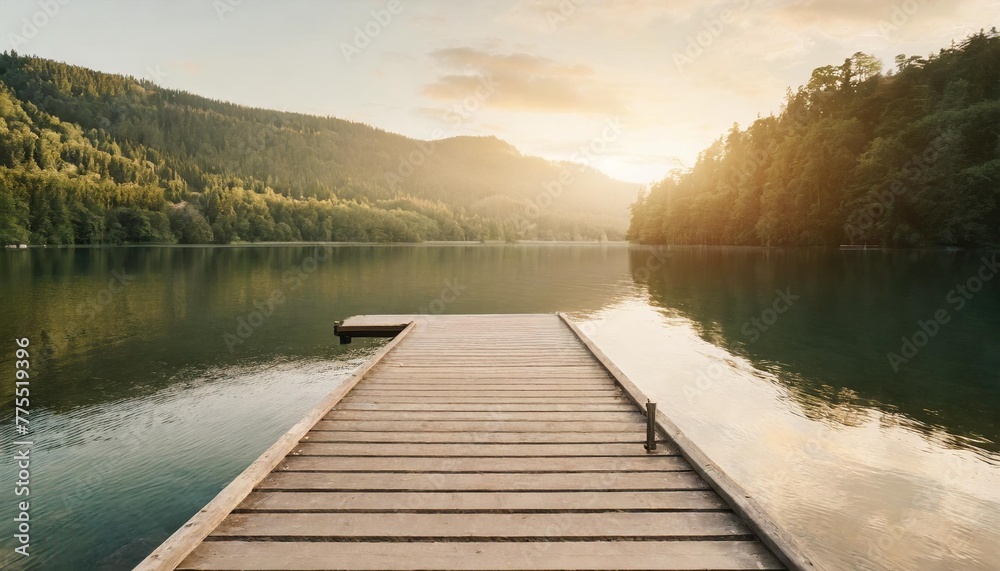 empty wooden jetty at idyllic rainforest lake with product presentation space beauty in nature concept with product display for travel vacation spa and environment