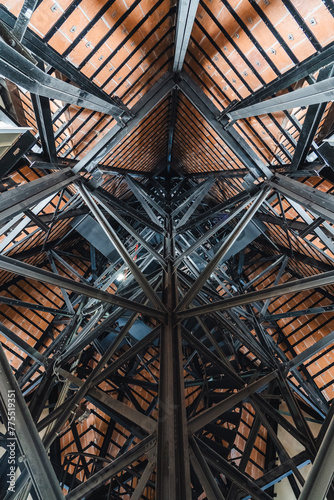 interior of a building with a metal staircase