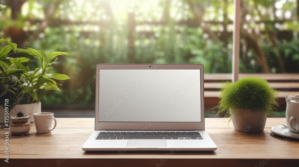 Laptop with blank screen ,Laptop on table at cafe Laptop with blank screen ,Laptop on table at cafe