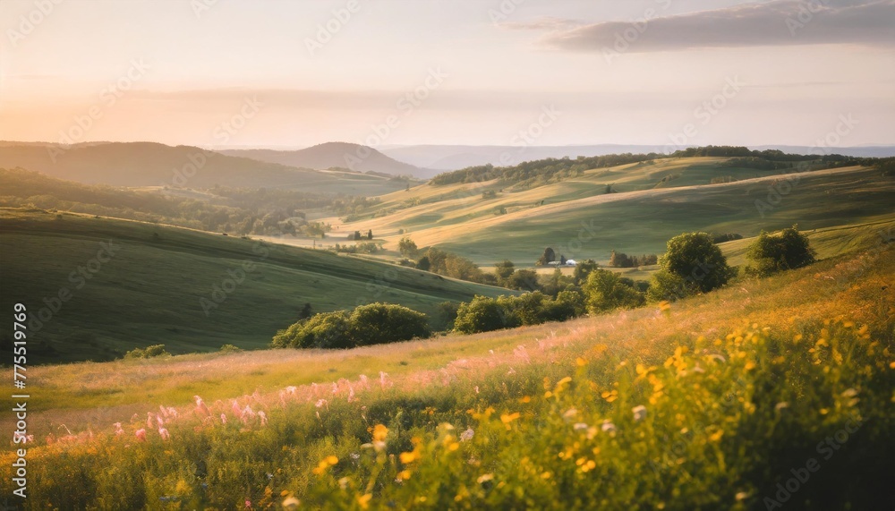 idyllic nature scene of rolling green hills and vibrant floral fields