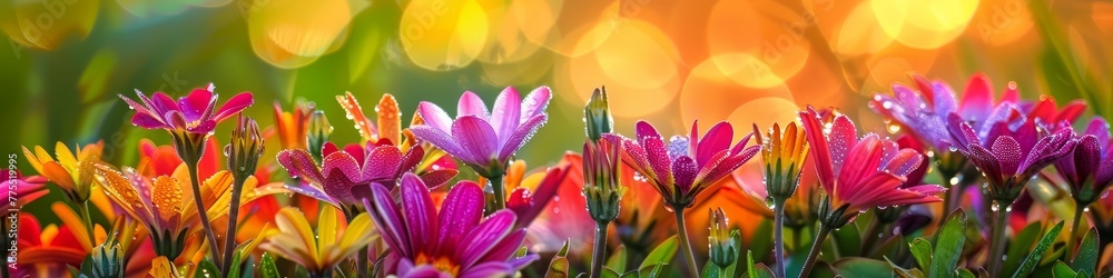 Vibrant bunch of flowers with morning dew nestled in lush green grass. Banner. Copy space. Vibrant bunch of flowers with morning dew nestled in lush green grass. Banner. Copy space.