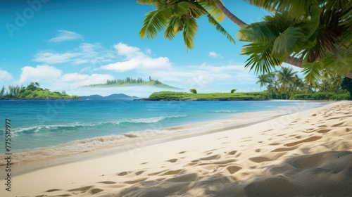 Beautiful beach landscape Sandy tropical beach with island on background 