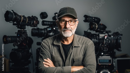 Senior film director with arms crossed, looking at camera  photo
