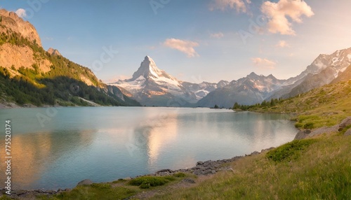 colorful summer panorama of the lac blanc lake with mont blanc monte bianco on background © Ryan