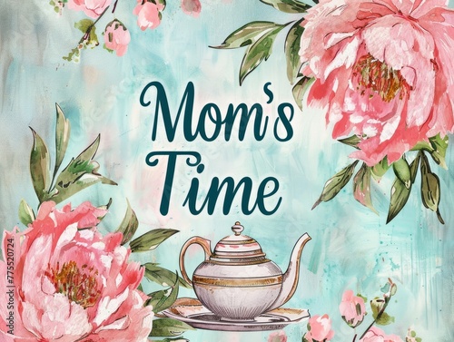 A painting featuring pink peonies and a teapot with the words "mom's time" overlaid. Card. Lettering.