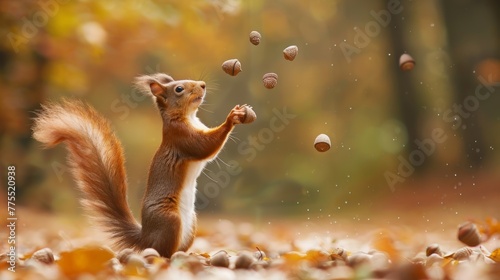 A red squirrel juggling acorns in the air with a surprised expression, defying expectations photo