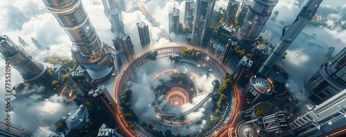 A birds-eye view of a futuristic cityscape where individuals with unlocked brain potential are seen engaging in advanced activities 