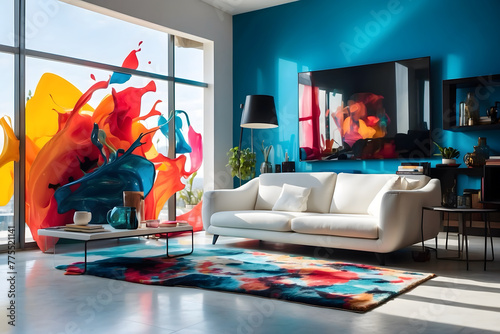 Abstraxt of ineterior design of a room with white sofa and and colorful paints and 3D rendor photo