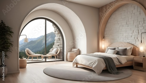 Ultra realistic  photo of Modern take on  rivendell inspired small condo white cream stone, light wood round arches interor view of bedroom © S8