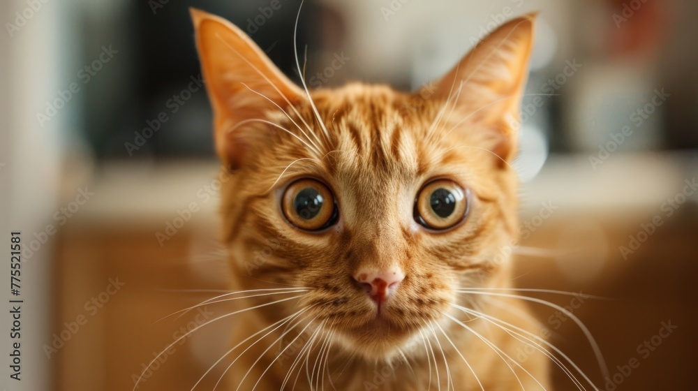 An orange cat with wide eyes and a startled expression, reacting to something unexpected