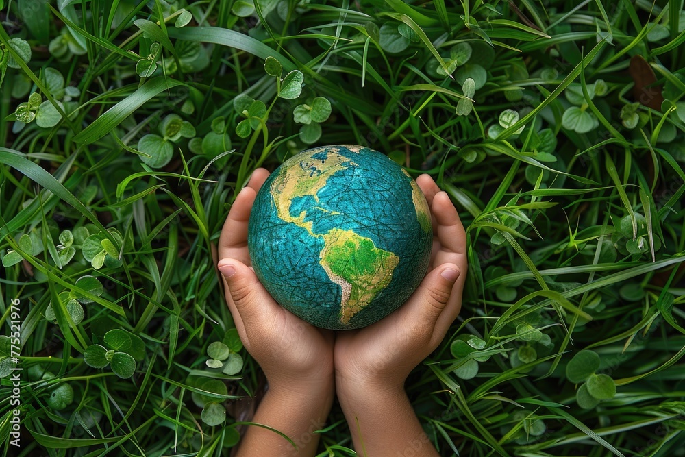 A model of the globe in children's hands on the grass.