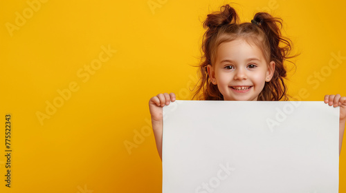 little girl holding a blank sign, blank board, happy girl, advertising message, kid