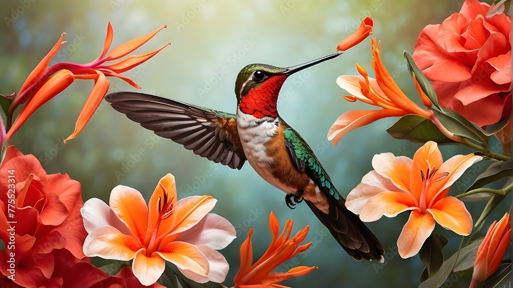 Vibrant Hummingbird Illustration, Exotic Bird in Flight Vector, Nature's Graceful Aviator, Vector Illustration of Flying Bird, Hummingbird and Flower Vector, Colorful Hummingbird in Flight, Vector Art