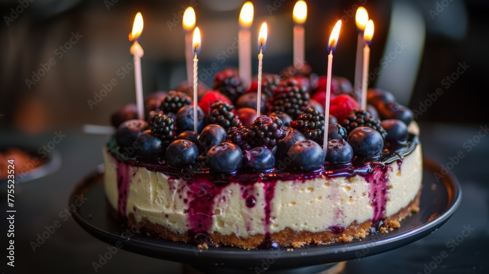 A blueberry cheesecake with lit birthday candles, creating a celebratory atmosphere A blueberry cheesecake with lit birthday candles, creating a celebratory atmosphere