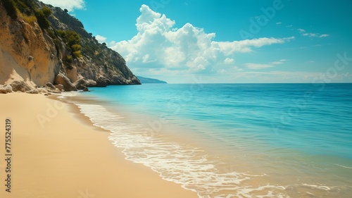 A laid-back beach with golden sand and clear blue water, Inscription effect method, AI Generative