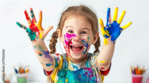 funny child girl draws laughing shows hands dirty with paint png  AI Generative