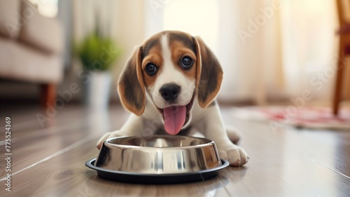 Happy Beagle puppy with a dog bowl of water, 4k, real photo, AI Generative
