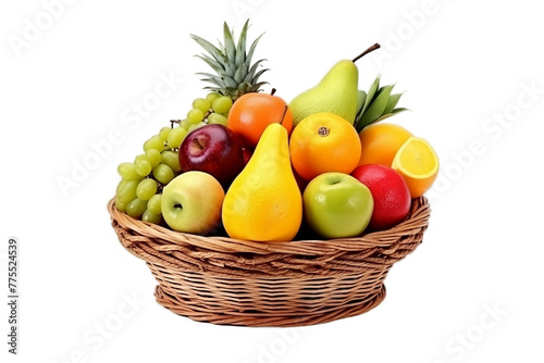 Tropical Fruits Arranged in a Woven Basket Realistic Portrait Isolated On PNG OR Transparent Background.