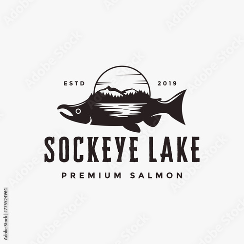 Vintage hipster retro sockeye salmon and lake landscape logo icon vector template on white background
