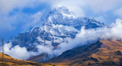 Inspirational Landscape. Beneath a cerulean sky, the mountains rise, crowned with snow and veiled in mist. © Naige