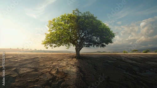 Make a realistic and breathtaking image where left half represents a dry and barren land end the right half represents green nature and prosperity In the middle theres a tree that looks different in e