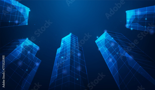skyscrapers business office modern buildings low poly wireframe on blue background. copy space for text.technology digital building.vector illustration fantastic digital design.