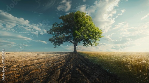 Make a realistic and breathtaking image where left half represents a dry and barren land end the right half represents green nature and prosperity In the middle theres a tree that looks different in e photo