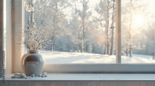 White windowsill with view of snowy landscape, Vase on windowsill background photo