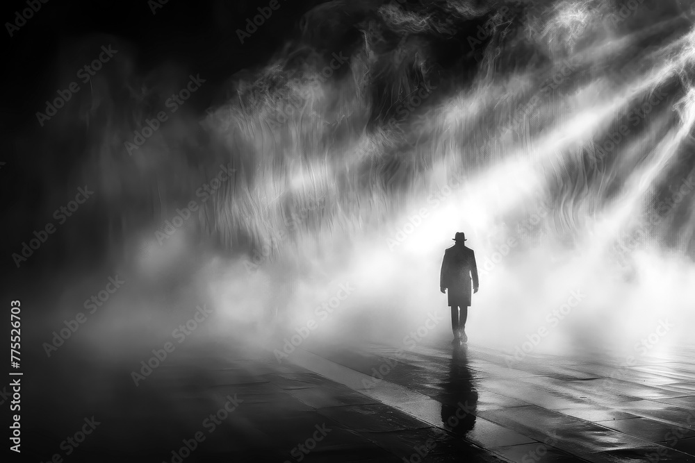 Dramatic monochrome mysterious silhouette of a man in the fog, atmospheric urban shadow
