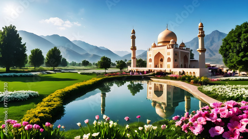 Compose a picturesque Eid Mubarak background depicting a serene countryside scene, where people celebrate the occasion amidst lush green fields and blooming flowers, under a clear blue sky photo