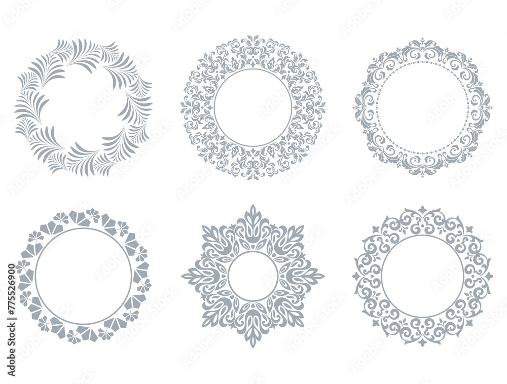 Set of decorative frames Elegant vector element for design in Eastern style, place for text. Floral gray and white borders. Lace illustration for invitations and greeting cards Set of decorative frames Elegant vector element for design in Eastern style, place for text. Floral gray and white borders. Lace illustration for invitations and greeting cards