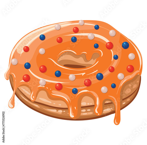 Fresh delicious donut with glossy glaze and decorations for King's Day in the Netherlands. Orange baked goods with sprinkles in the colors of the Netherlands flag. Vector isolated image © Natali