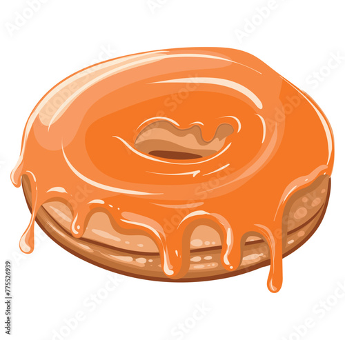 Fresh delicious donut with glossy glaze and decorations for King's Day in the Netherlands. Orange baked goods with sprinkles in the colors of the Netherlands flag. Vector isolated image © Natali