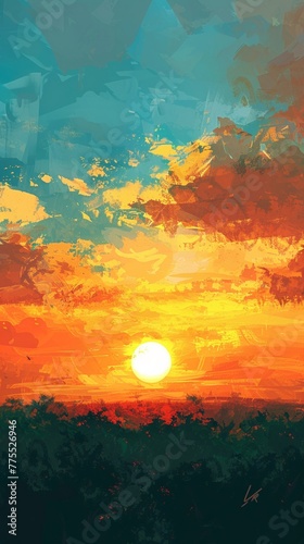 A digital painting of an orange and blue sunset over the horizon, rendered in the style of a vintage artist with brush strokes and texture The sky is painted with soft gradients