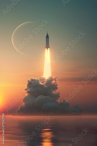 Conceptual Rocket Launch at Sunrise Reflecting on Tranquil Waters Symbolizing Progress and Potential