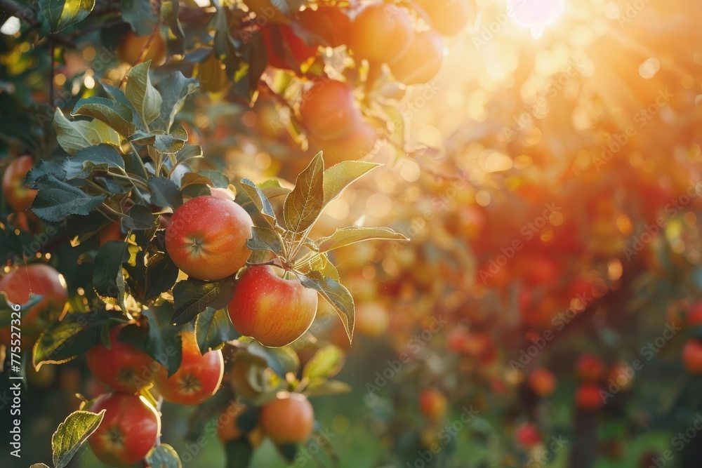 Apple Orchard at Golden Hour, Ripe Fruit on Tree Branches, Blurred Background, Organic Farming Concept