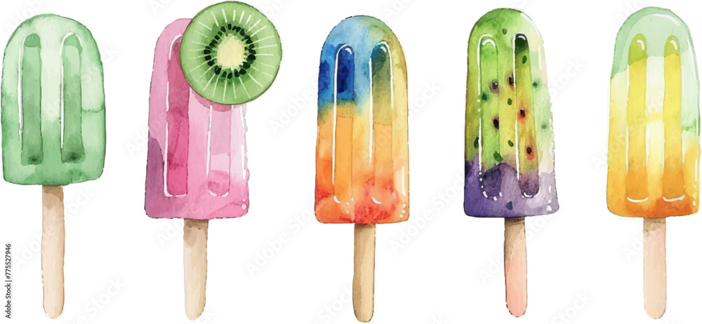 watercolor illustration of different ice cream on sticks, chocolate with kiwi and colorful swirls with cherry in cone isolated white background