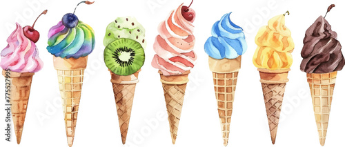 watercolor illustration of different ice cream on sticks, chocolate with kiwi and colorful swirls with cherry in cone isolated white background