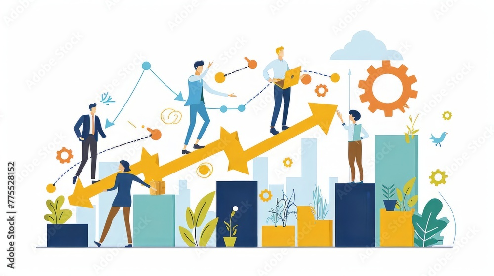 Growth strategy, team businessman collaboration to grow business success, teamwork or partnership to develop or improve work efficiency concept, businessman employee team help grow rising arrow chart. Growth strategy, team businessman collaboration to grow business success, teamwork or partnership to develop or improve work efficiency concept, businessman employee team help grow rising arrow chart.