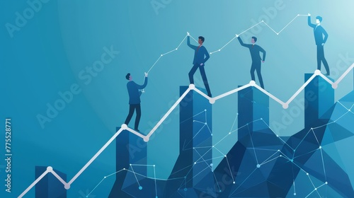 Growth strategy, team businessman collaboration to grow business success, teamwork or partnership to develop or improve work efficiency concept, businessman employee team help grow rising arrow chart. photo