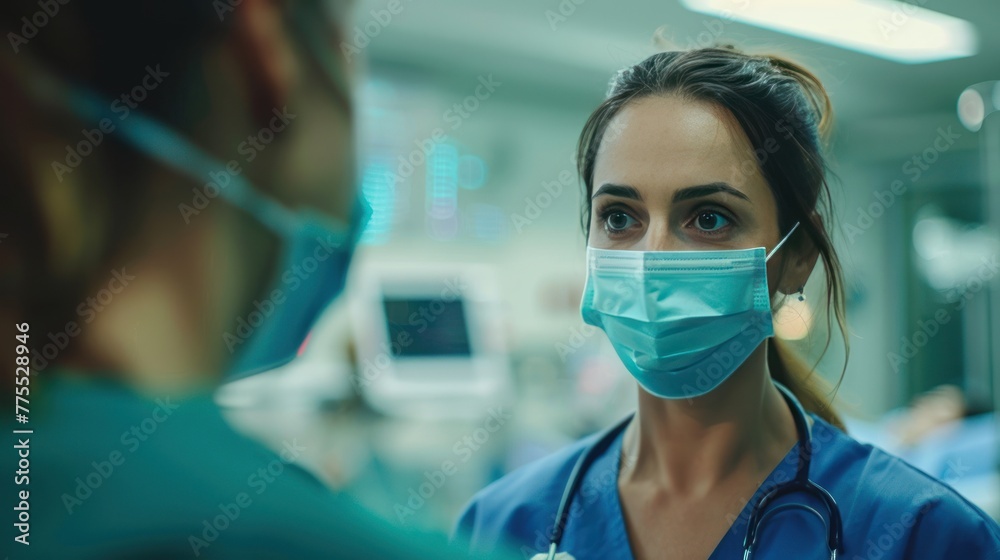 Female nurse puts on her protective mask while talking to a patient in hospital Female nurse puts on her protective mask while talking to a patient in hospital