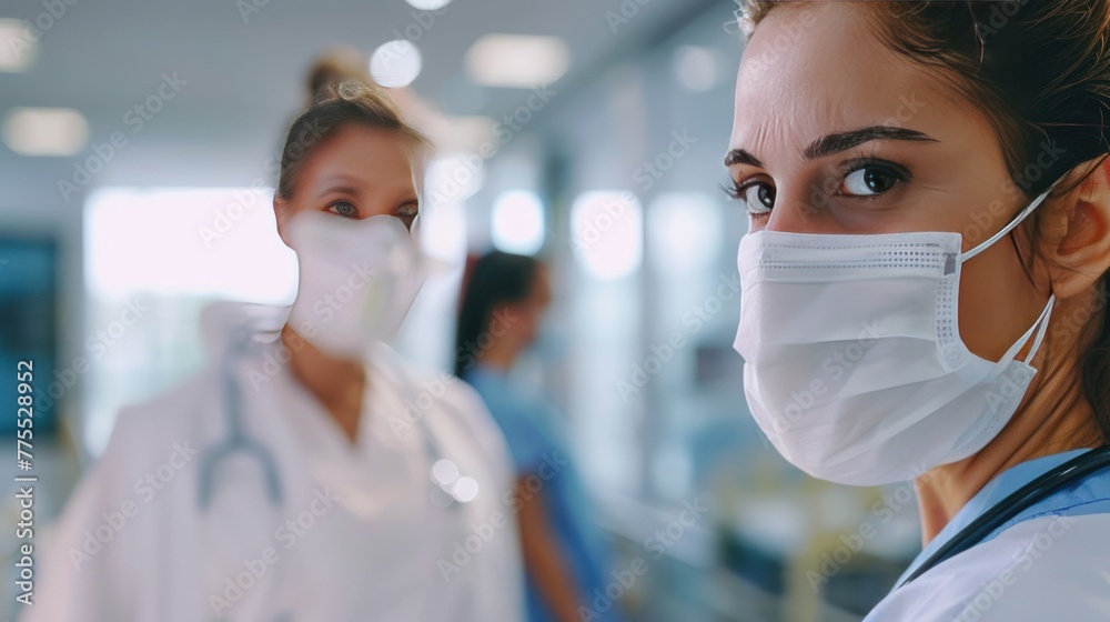 Female nurse puts on her protective mask while talking to a patient in hospital Female nurse puts on her protective mask while talking to a patient in hospital