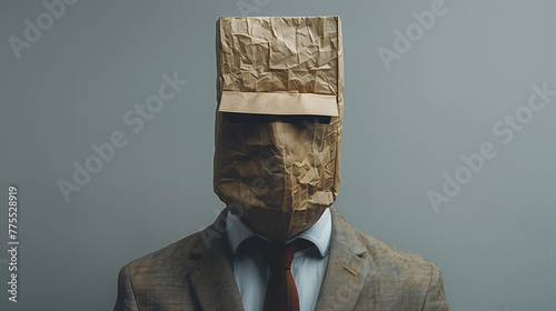 Busto maschile con volto coperto da sacchetto di carta, sacchetto del pane in faccia, vergogna, anonimo photo