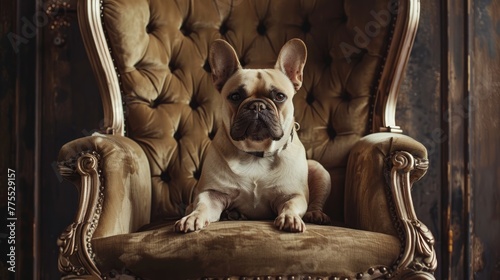 A french Bulldog  sitting regally on a human chair or throne, highlighting their self-importance with a touch of humor photo