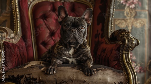 A french Bulldog  sitting regally on a human chair or throne, highlighting their self-importance with a touch of humor photo