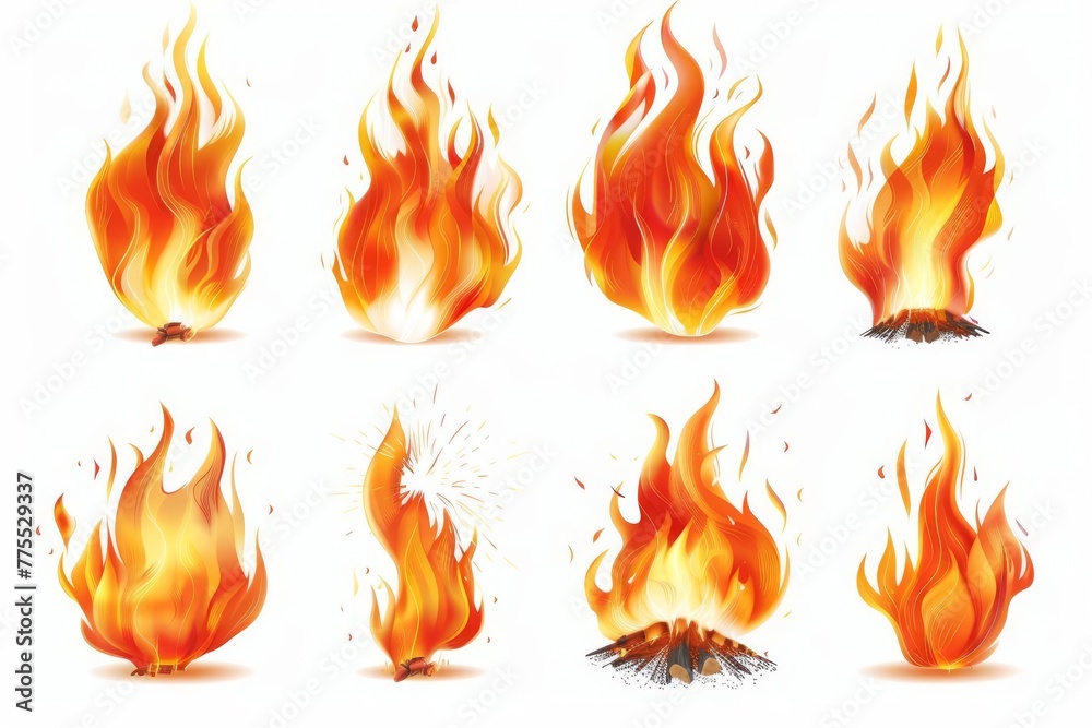 Dramatic set of realistic burning fires, flames and sparks isolated on white background Dramatic set of realistic burning fires, flames and sparks isolated on white background