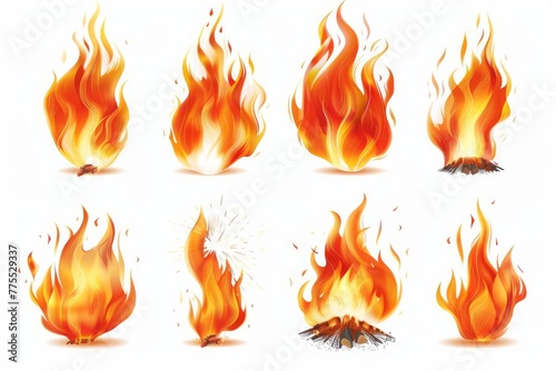 Dramatic set of realistic burning fires, flames and sparks isolated on white background