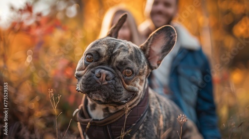 A French bulldog photobombing a serious photo shoot with a goofy expression photo