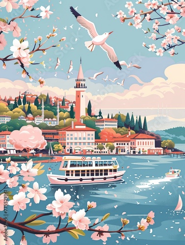 A whimsical illustration of Istanbuls iconic natural and architectural wonders, such as the drawing board like northern island with its lighthouse, the bustling marina in Kemery photo