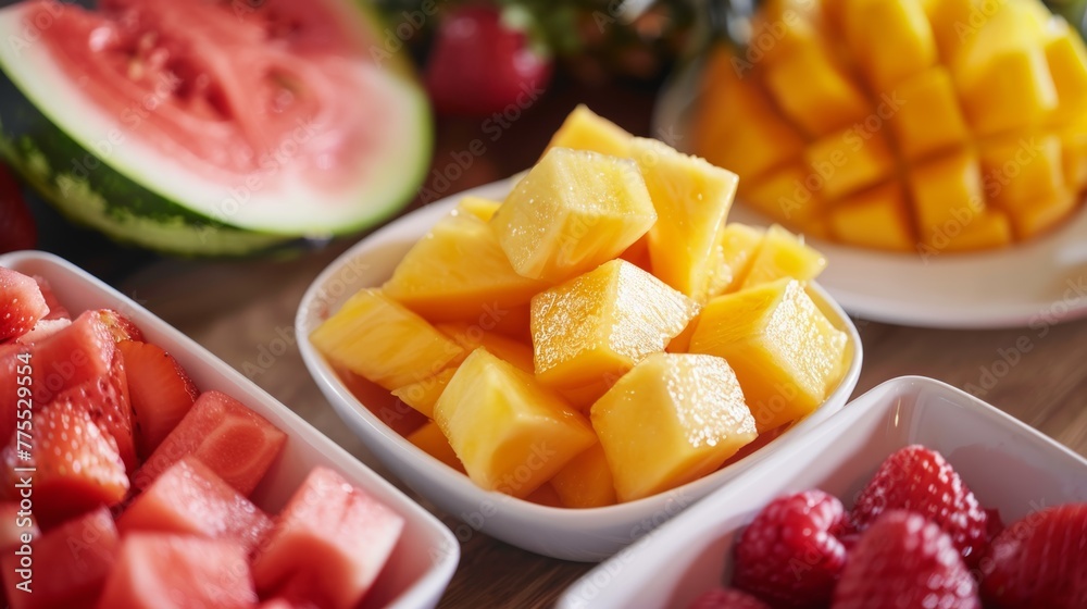 Showcase a variety of colorful summer fruits like watermelon, strawberries, mangoes, pineapple, oranges, or peaches, emphasizing the natural ingredients Showcase a variety of colorful summer fruits like watermelon, strawberries, mangoes, pineapple, oranges, or peaches, emphasizing the natural ingredients